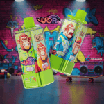 Two colorful vape bottles featuring cartoon monkeys on the labels, with flavors like 'Blueberry Watermelon' and 'Sour Apple Raspberry,' set against a vibrant, graffiti-covered wall and a skateboard, emphasizing a playful urban theme.