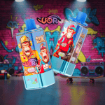 Two colorful vape juice bottles with cartoon monkey designs, featuring vibrant labels that include flavors like 'Strawberry Watermelon' and 'Bubblegum,' set against a graffiti-covered brick wall with a skateboard in the foreground.