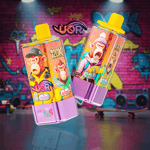 Two colorful vape juice bottles featuring cartoon monkey characters, one with a black cap and vibrant yellow packaging labeled ‘120K’ and strawberry-watermelon flavor, and the other with a yellow cap and pink packaging labeled ‘4 in 1’ with mango flavor, set against a graffiti-covered wall with a retro cassette player in the background.