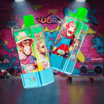 Two colorful vape bottles featuring cartoon monkeys on their labels, displayed against a vibrant graffiti background, with text indicating flavors like 'Watermelon Ice' and 'Blueberry Cherry.'