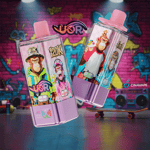 Two colorful vape bottles are displayed against a graffiti-style background, featuring cartoon monkeys with distinct outfits and flavors: one labeled 'Watermelon Ice' and 'Blueberry Mint,' and the other 'Apple Ice,' each with a prominent brand logo and bright pink caps.