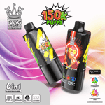 Zwei farbenfrohe E-Zigaretten mit der Aufschrift 'BANG LEGEND' präsentieren ihre Funktionen wie '150k PUFFS' und einstellbare Geschmacksrichtungen wie 'Banana Ice' und 'Strawberry Banana' vor einem lebendigen Hintergrund mit Farbverlauf und Symbolen für Batterietyp, Kapazität und LED-Bildschirm.