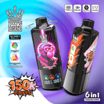 Ein Werbebild mit zwei E-Zigaretten mit der Aufschrift 'Bang Legend', die ihre Funktionen wie 'Mixed Berries'-Geschmack, '150.000 Puffs'-Kapazität und '6 in 1' einstellbare Geschmacksrichtungen zeigen, mit Symbolen, die Spezifikationen wie 'Typ-C'-Aufladung anzeigen, und einem LED-Bildschirm zur Überwachung der Nutzung.
