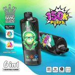 Ein elegantes schwarzes Verdampfergerät mit neongrünen Akzenten mit der Aufschrift 'BANG LEGEND' und 'Guava Lime', einem LED-Bildschirm, der die Akkulaufzeit und die Anzahl der Züge anzeigt, sowie Grafiken, die die Kapazität für 150.000 Züge und sechs einstellbare Geschmacksrichtungen anpreisen.