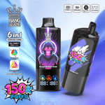 Ein farbenfrohes, schwarzes Verdampfergerät mit der Aufschrift 'Bang Legend', das zwei Geschmacksrichtungen bietet: 'Grape Bubble Gum' und 'Grape Ice', mit Funktionen wie einer Kapazität von 150.000 Zügen, sechs einstellbaren Geschmacksrichtungen und einem digitalen LED-Bildschirm, der den Batterie- und Ölstand anzeigt.