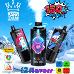 Drei farbenfrohe E-Zigaretten mit der Aufschrift 'Bang Legend' und Funktionen wie '6-in-1-Geschmacksrichtungen' und '150.000 Züge', vor einem schneebedeckten Berghintergrund.