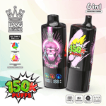 Ein Werbebild, das zwei Bang Legend-Vape-Geräte mit farbenfrohen Designs mit den Geschmacksnamen 'Peach Mango Watermelon' und 'Mango Ice' sowie Details wie '150K PUFFS', einer Batterieprozentanzeige und Funktionen wie Typ-C-Aufladung und einstellbaren Geschmacksrichtungen zeigt.