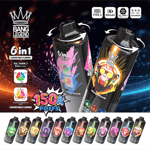 Eine Sammlung von 'Bang Legend'-Vapinggeräten mit zwei großen Kanistern mit einstellbaren Geschmacksoptionen und lebendigen Grafiken, darunter ein stilisiertes Affendesign und Symbole, die verschiedene Einstellungen und Funktionen anzeigen, vor einem dynamischen blauen und schwarzen Hintergrund.