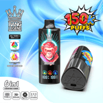 Ein farbenfroher Verdampfer mit der Aufschrift 'Bang Legend' und einem Wassermelonen-Kaugummi-Geschmack. Er verfügt über ein digitales Display, das die Akkulaufzeit und die Anzahl der Züge anzeigt, auf einem leuchtend blauen Hintergrund mit Grafiken, die seine Funktionen hervorheben, darunter 6 einstellbare Geschmacksrichtungen und USB-Typ-C-Aufladung.
