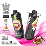 Zwei schlanke Vape-Geräte mit auffälligem Design, eines davon mit lebendigen Erdbeer-Kiwi-Grafiken, die wichtige Funktionen wie 6 einstellbare Geschmacksrichtungen, Typ-C-Aufladung, einen LED-Bildschirm und eine Zuganzahl von 150.000 präsentieren, vor einem weißen Hintergrund mit farbenfrohen Akzentelementen.