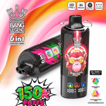 Ein Vape-Gerät mit schwarzem Aroma und der Aufschrift 'Bang Legend' mit der farbenfrohen Grafik eines Affen mit Sonnenbrille, einstellbaren Geschmacksrichtungen mit Symbolen, die darauf hinweisen, dass es 150.000 Züge abgeben kann, und mit einem Typ-C-Ladeanschluss und einer LED-Anzeige ausgestattet ist.