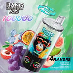 A colorful promotional image of a Bang Leader Stoll vape device, featuring a sleek cylindrical design with flavor indicators and surrounded by fruit images like grapes, lychee, and passionfruit, along with ice cubes, highlighting its capability of delivering 10,000 puffs with four flavors: Grape Burst, Lychee Ice, Peach Berry, and Kiwi Passion Fruit Guava.