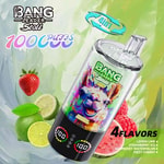 A colorful vape device labeled 'Bang Leader Stoll' offers 100,000 puffs with a llama graphic, surrounded by strawberries, limes, and watermelons, highlighting its four flavors: lemon lime, strawberry ice, raspberry watermelon, and fizzy cherry.