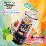 A colorful vape device labeled 'BANG LEADER' with a transparent body showing fruit graphics, surrounded by splashes of water, featuring the text '10000 PUFFS' and '4 FLAVORS' including lemon lime and watermelon ice, alongside images of various fruits like strawberries and lemons in the background.
