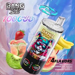 A vibrant advertisement for the Bang Leader Stoll vape featuring a cartoon rabbit wearing sunglasses and gold chains, surrounded by fruits like a slice of watermelon, strawberries, and bananas, with text indicating '100 puffs' and '4 flavors' including pink lemonade and peach berry, against a colorful abstract background.