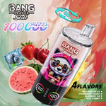A colorful display featuring a multi-flavor vape device labeled 'BANG Leader Stolt' with a prominent pink and black design, surrounded by fruit images including watermelon, strawberries, cherries, and blueberries, emphasizing its four available flavors: Watermelon Ice, Strawberry Mango, Blueberry Ice, and Fizzy Cherry.