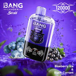 A colorful vape device labeled 'BANG LEADER Stoll 2IN1' featuring a bold gorilla graphic and displaying flavors 'Blueberry ice & Black Currant', surrounded by blueberries and blackcurrants with a vibrant purple background and splashes of water.