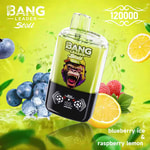 A colorful advertisement for Bang Leader Stoll 2-in-1 device, featuring a green and black vape with a gorilla graphic on the front, surrounded by blueberries, raspberries, lemon slices, and mint leaves, against a vibrant yellow background; text indicates the flavor as blueberry ice and raspberry lemon, along with a number '120000'.
