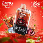 A vibrant advertisement for Bang Leader Stoll, featuring a bottle with a smiling gorilla logo and flavors of cola ice and cherry cranberry, surrounded by ice cubes and splashes of liquid on a red background.