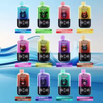 A vibrant display of various flavored vape bottles from Bang, featuring bold graphics and colorful labels, set against a blue wave background, showcasing flavors like Blue Razz, Strawberry Cherry, Watermelon Ice, and more.