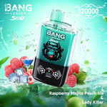 A vibrant vape device labeled 'BANG LEADER Stolt 2in1' with a black base and a transparent turquoise body featuring a cartoon gorilla with glasses, surrounded by fresh raspberries, ice cubes, and mint leaves, set against a watery background suggesting refreshment.
