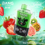 A vibrant green vape device labeled "BANG LEADER Stolt 2 in 1" featuring a fun cartoon gorilla face, surrounded by fresh strawberries, kiwi, and passion fruit with water splashes, highlighting the flavors strawberry cherry and kiwi passion fruit guava.