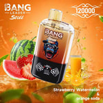 A colorful promotional image of a vape device labeled 'BANG LEADER Stoll 2 in 1' featuring a cartoon gorilla graphic, surrounded by slices of watermelon and strawberries with splashes of orange soda in the background, emphasizing the flavors 'Strawberry Watermelon & orange soda.'