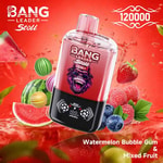 A vibrant vape device called Bang Leader Stoll, depicted against a background of assorted fruits, including slices of watermelon, strawberries, and swirling colorful candies, with details showcasing its branding and flavor options of Watermelon Bubble Gum & Mixed Fruit.