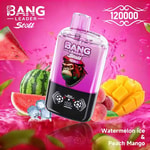 A colorful vape device featuring a gorilla design, surrounded by slices of watermelon, mango, and ice cubes, with a vibrant pink background. Text on the device indicates flavors of "Watermelon ice" and "Peach Mango."