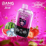 A colorful vape device from Bang Leader in a vibrant pink setting, featuring watermelon, strawberries, and ice cubes along with the text indicating flavors 'watermelon ice & strawberry mamba' and a count of '120000'.