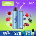 Um dispositivo vape azul rotulado 'Aurora pd' é exibido com destaque contra um fundo gradiente colorido com salpicos de água e várias frutas, incluindo mirtilos, framboesas e cerejas, ao lado de um rótulo que descreve o sabor como 'Blueberry Raspberry Cherry'.'