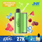 Um dispositivo vaping verde vibrante com a marca JNR e o logotipo 'Aurora', cercado por imagens de fatias de cereja e melancia, cubos de gelo e uma garrafa de e-líquido, contra um fundo verde-amarelo brilhante.