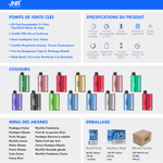 Um display colorido de kit vape com vários estilos de cápsulas em azul, verde, vermelho, dourado e rosa, junto com os principais pontos de venda e especificações do produto resumidas em seções, incluindo menu de sabores e detalhes da embalagem em francês.