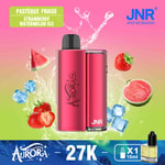 Um dispositivo vape rosa vibrante rotulado como 'AURORA POD' cercado por imagens de morangos, fatias de melancia e cubos de gelo, com um fundo colorido e marca da JNR.