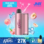 Um dispositivo vaping rosa com o logotipo 'AURORA PD' ao lado de pêssegos frescos e cubos de gelo, contra um fundo gradiente colorido com respingos de água, promovendo um sabor 'Summer Peach Ice'.