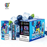 UDY UZY blue blueberry flavored vape packaging set with 120K puffs, a bottle, and a box labeled Shisha King, Blueberry on Ice, displayed with ice cubes and blueberries.