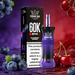 Crown Bar Al Fakher 60K E Hose X vape-enhet med blålila flaska, låda märkt 60K, blåbär och körsbär i bakgrunden.