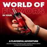 En hand med röda naglar håller en röd Crown Bar vape-enhet mot en röd gradientbakgrund med fet vit text som lyder “WORLD OF FLAVOURS.”
