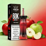 Crown Bar 60K E Hoser X äpple smaksatt vape enhet med röd-svart flaska, förpackning, omgiven av röda och gröna äpplen på en gradient bakgrund.