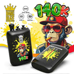 Collage-style graphic featuring a black Bang Blaze 140K vape device with a yellow splash background, a cartoon monkey wearing a red cap and sunglasses, and bold 140K text with graffiti style.