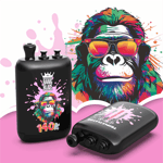 A black vape mod and a black pod with a colorful, graffiti-style chimp wearing sunglasses and a crown, with pink splash graphics and the text 140K on the mod.