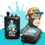 Monkeys wearing colorful caps and glasses beside black tattoo-style containers with turquoise splash graphics and “140K” text on the front, set against teal background.