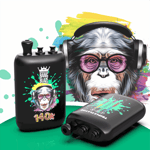 Stylized chimpanzee wearing pink sunglasses and large headphones, with colorful paint splashes in the background, plus black vaping device and bottle featuring a smaller chimp graphic.