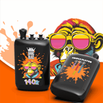 Bright black spray cans with colorful monkey illustration and orange splash graphics; bold “140K” text and Bang Blaze crown logo front, large colorful monkey in background with pink sunglasses.