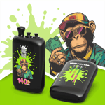 Two black vape devices with neon lime splashes and a cool cartoon monkey holding cash, wearing sunglasses and a cap.