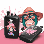 Black swag bottle with pink splash design and a smiling monkey wearing a straw hat and sunglasses in the background; text reads “BANG BLAZE” and “140k”.