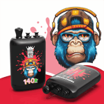 Vibrant illustration of a blue-haired monkey wearing a yellow cap and blue glasses, with two black devices featuring a red splash design and the text 140K.