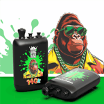 A black bottle with green paint splatter and a gorilla wearing sunglasses and a yellow jacket featuring a crown logo and “140K” text, plus a gray spray device in the foreground.