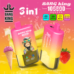 Bright pink to orange gradient ad for Bang King 3-in-1 vape device, featuring two pink bottles with a monkey mascot, ice cream cone, strawberry, and tropical background.