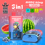 Bright red and blue “3 in 1” Bang King vape product display with a monkey mascot, water splash, watermelon, blueberries, and a blue USB-C device; includes icons for Type-C, 850mAh, mesh coil, and LED screen.